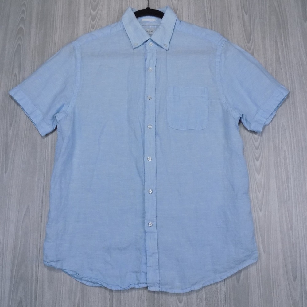 Porter & Ash Linen Shirt Mens M Light Blue Short Sleeve Button Down EUC